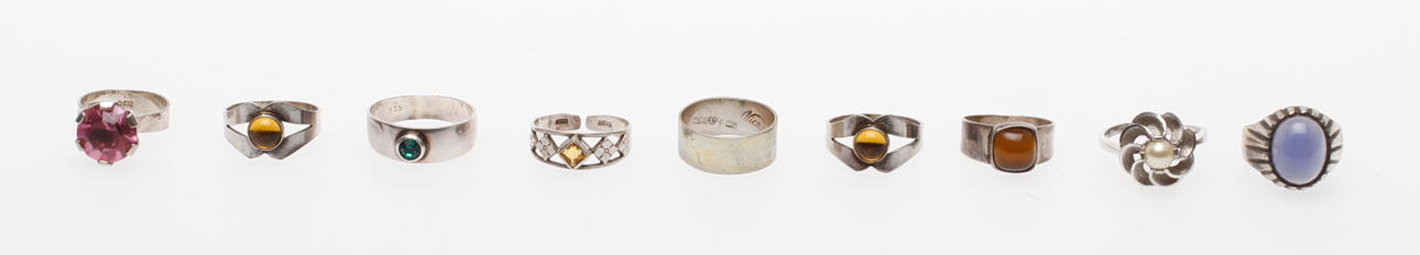 RINGAR, 9 st, silver, 1900-talets andra hälft.