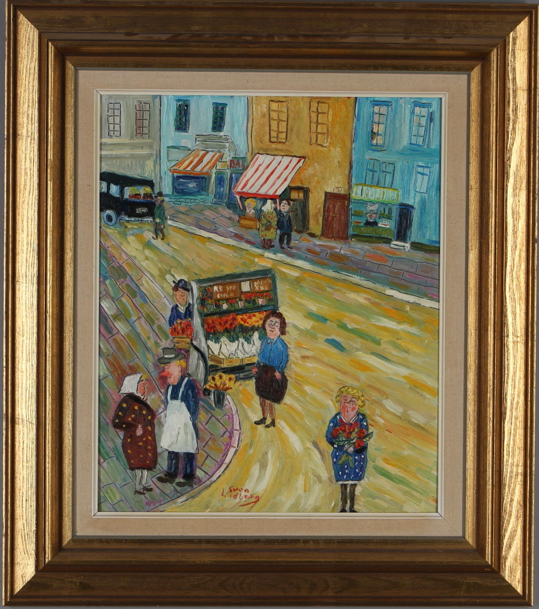 SVEN LIDBERG. Blomsterförsäljning, olja på pannå, signerad.
