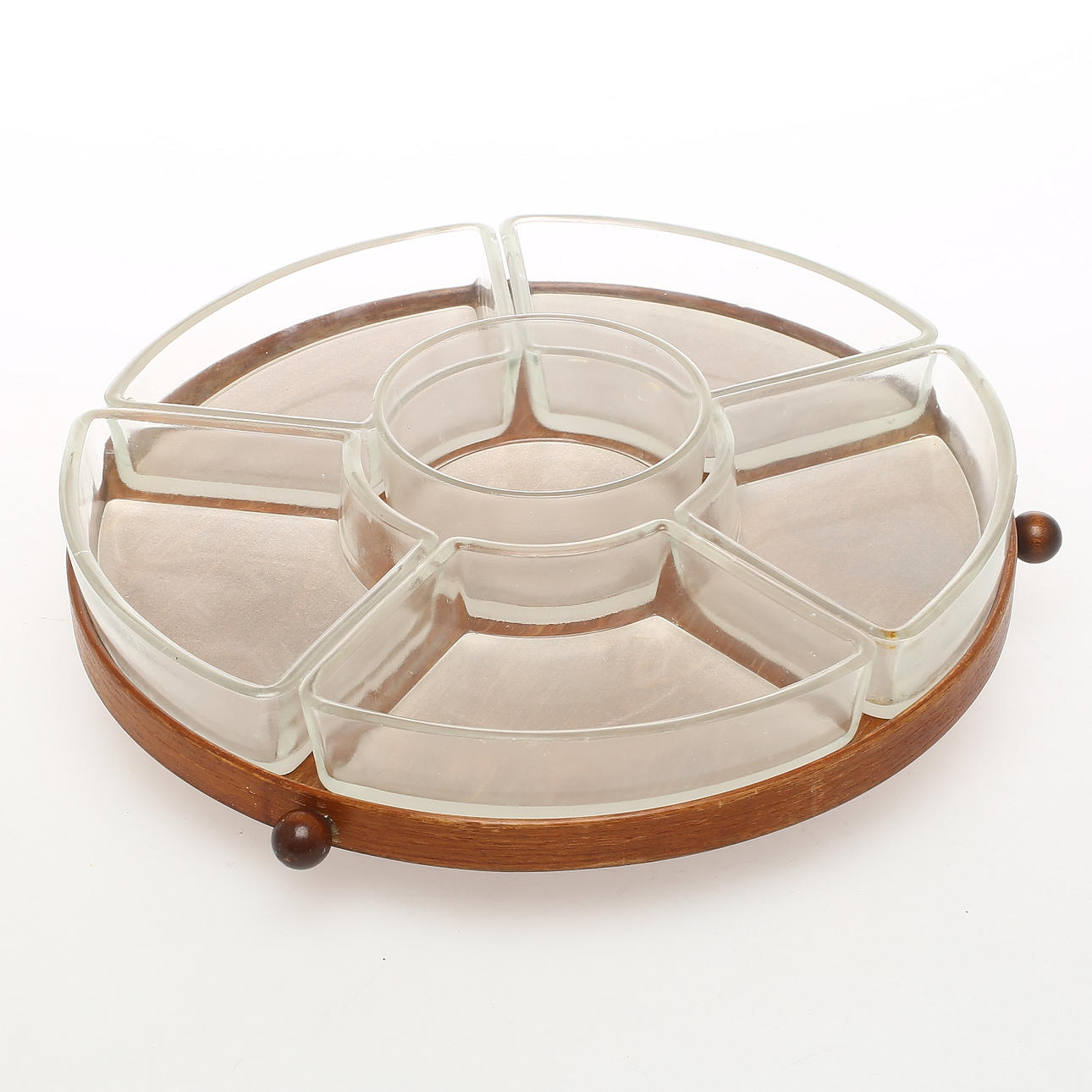 TISCHKARUSSELL, Teak und Glas.