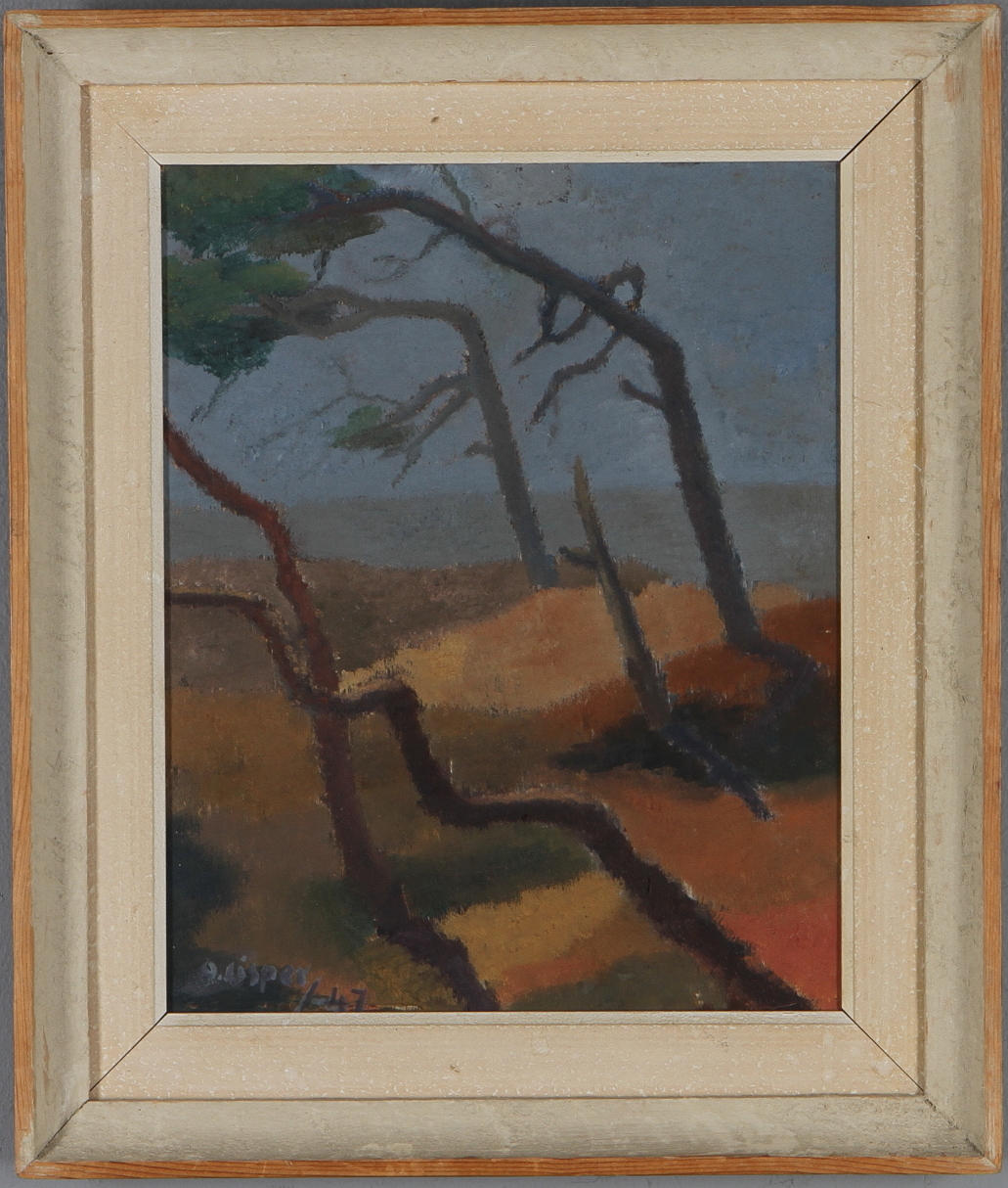 OLLE LISPERS. Vinpinade träd, olja på pannå, signerad och daterad 47.