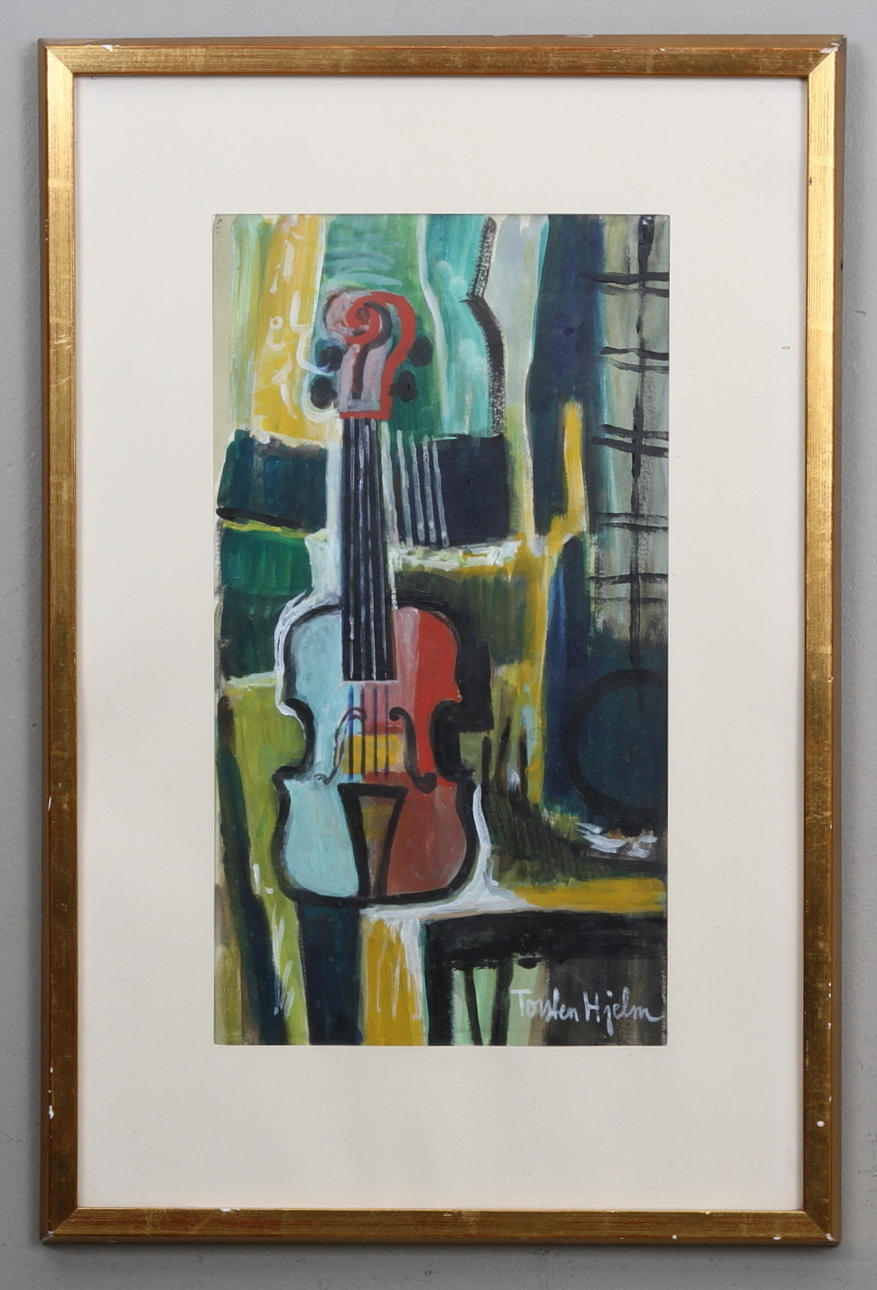 TORSTEN HJELM. Stilleben med fiol. Gouache. Signerad.