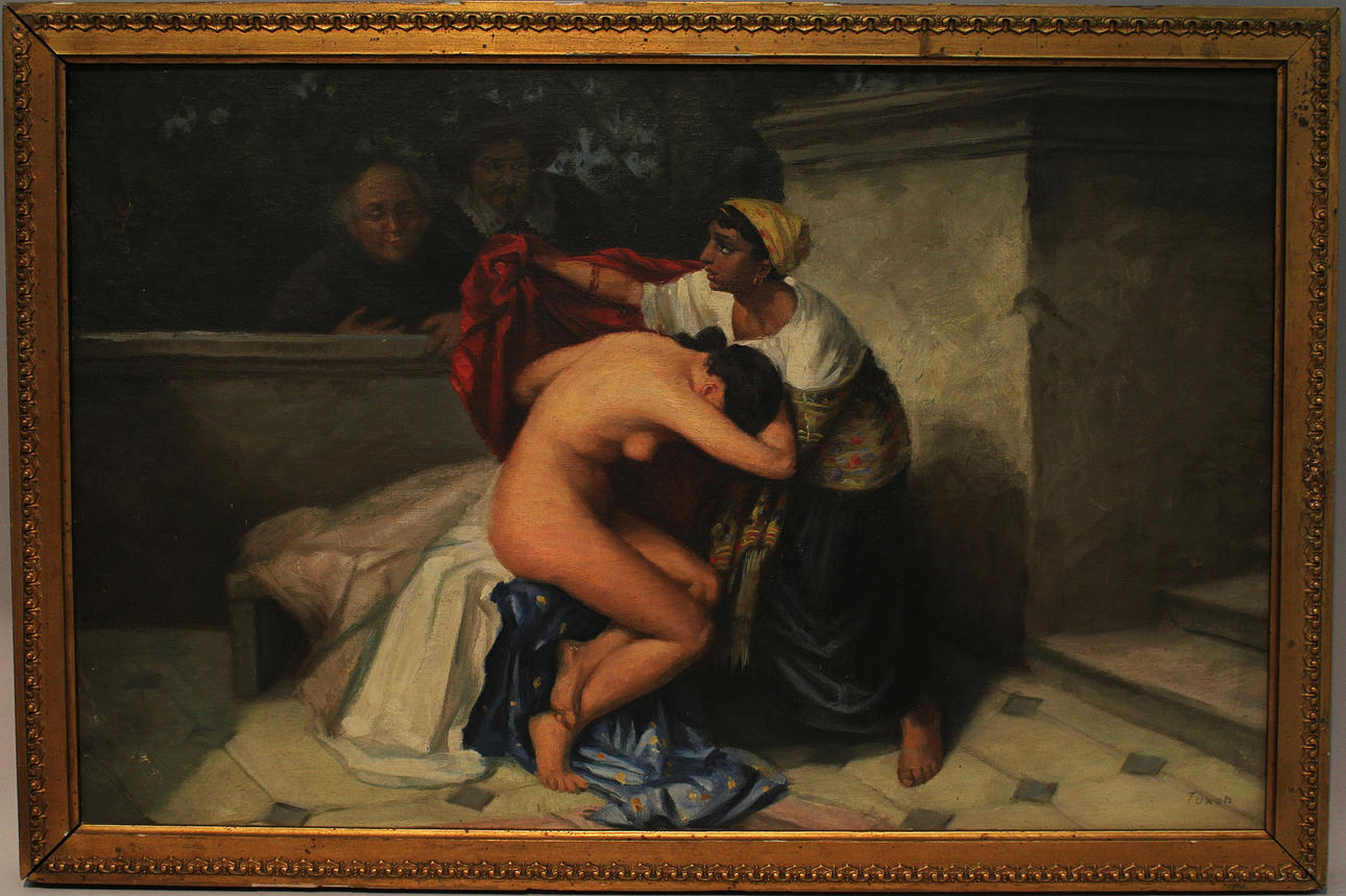 NICOLINE TUXEN, (1847-1931). TILLSKRIVEN. Gråtande kvinna. Olja på uppkistrad duk. Signerad Tuxen.