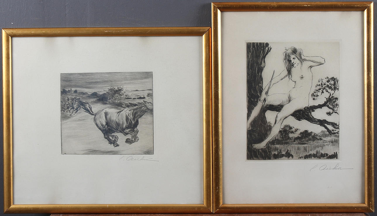 CALEB ALTHIN. 2 pcs. horses and creatures, drypoint etchings, signed.