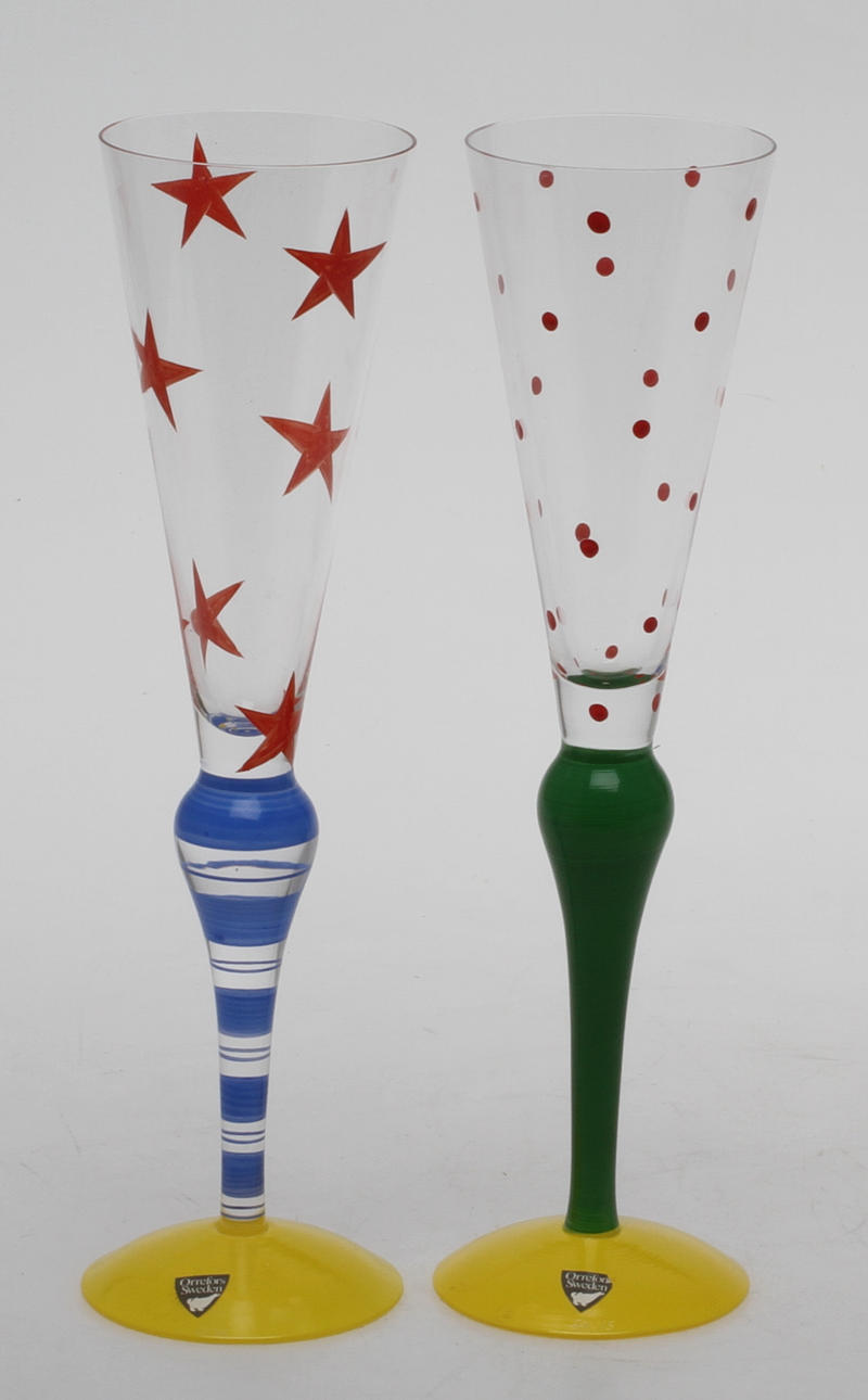 CHAMPAGNEGLAS, 2 st, "Clown", Anne Nilsson, Orrefors, 1900-talets slut.