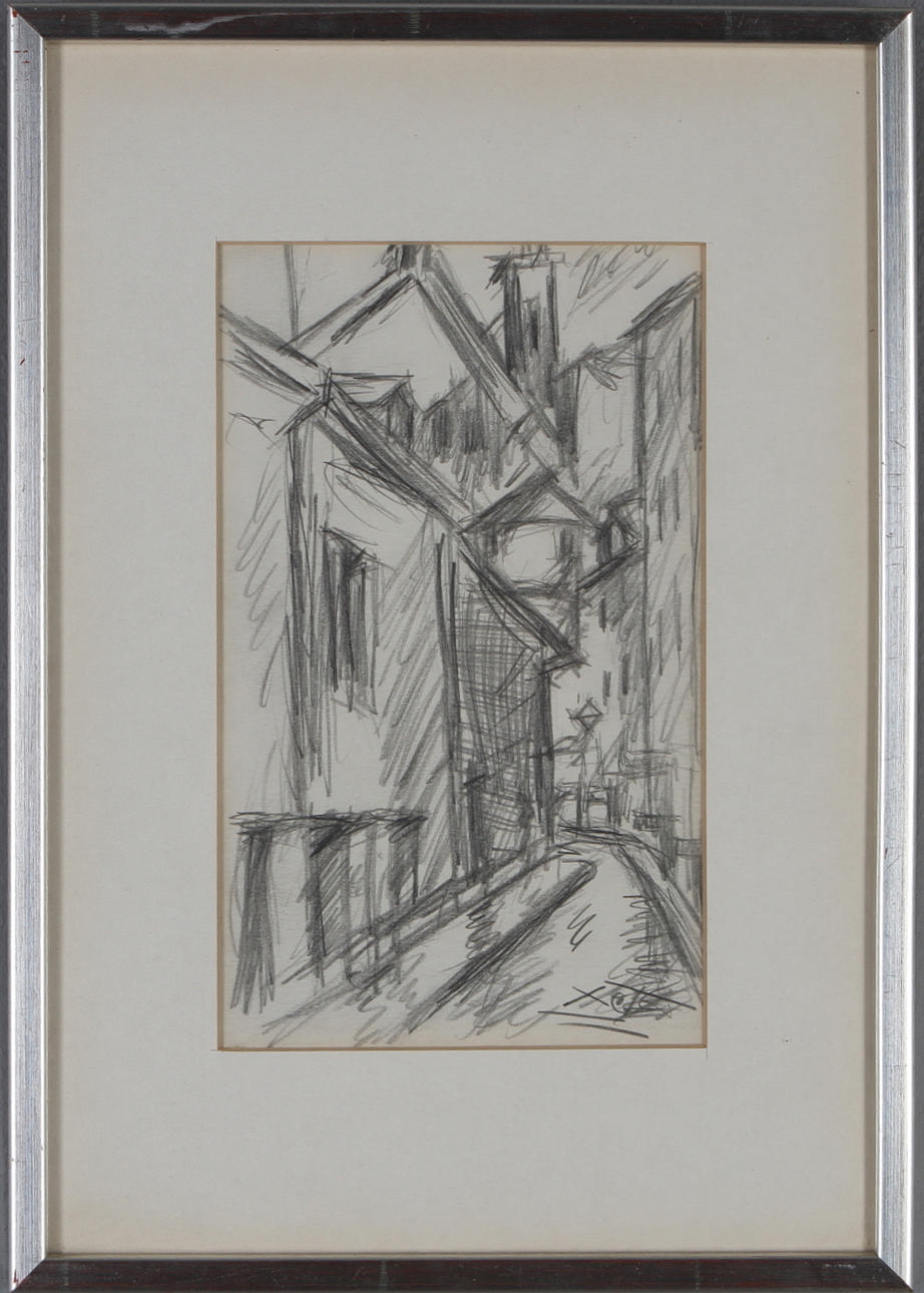 SVEN X:ET ERIXSON. Stadsbild, teckning i blyerts, signerad.