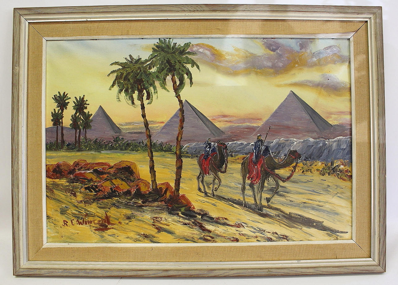 OIDENTIFIERAD KONSTNÄR. Olja på duk. Pyramiderna i Giza, signerad R.E ...
