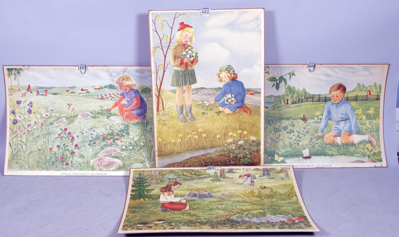 SKOLPLANSCHER, 4 stycken, sommarmotiv.