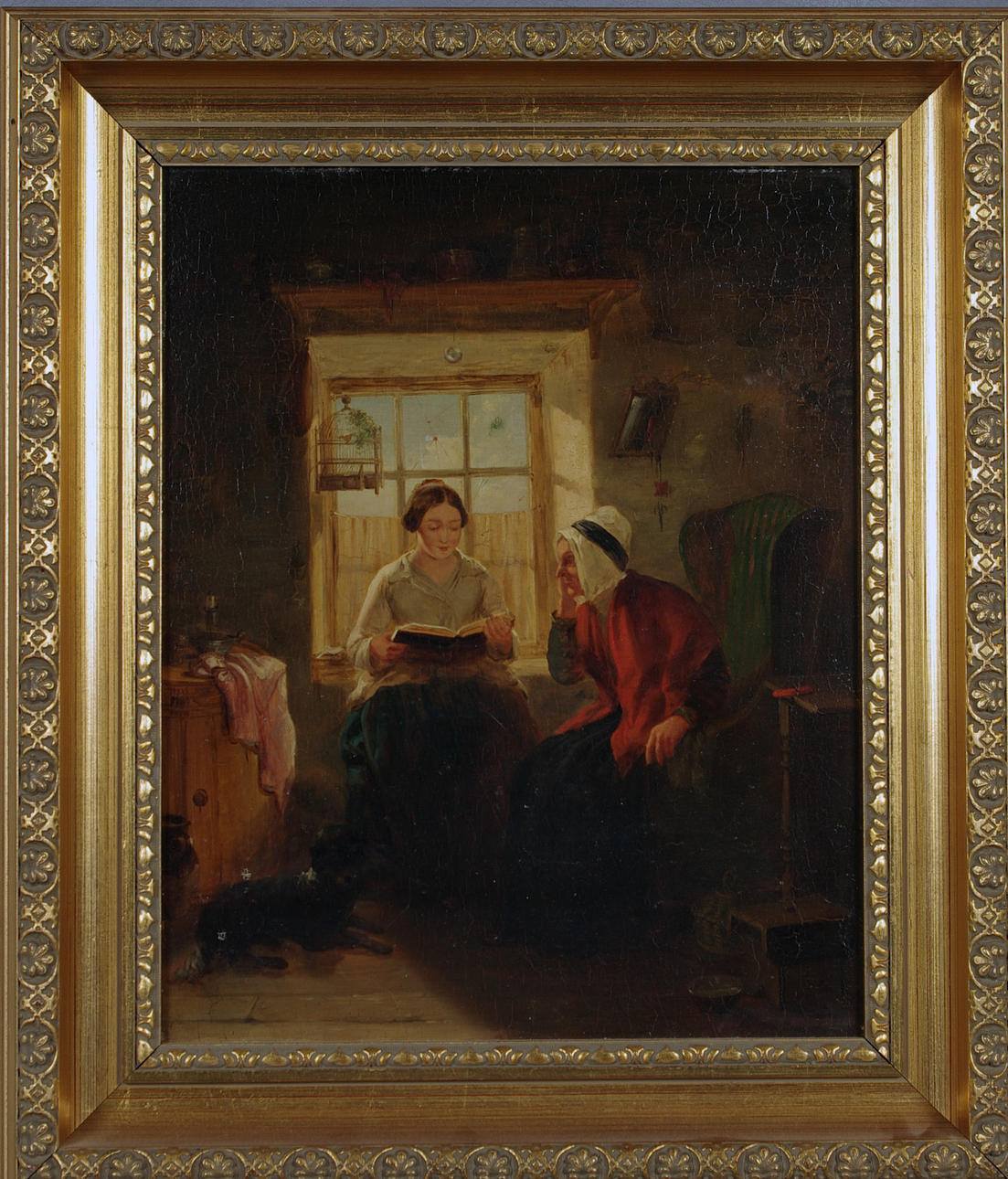 JOHN BLAKE MC DONALD. TILLSKRIVEN. läsande kvinna, olja på pannå.