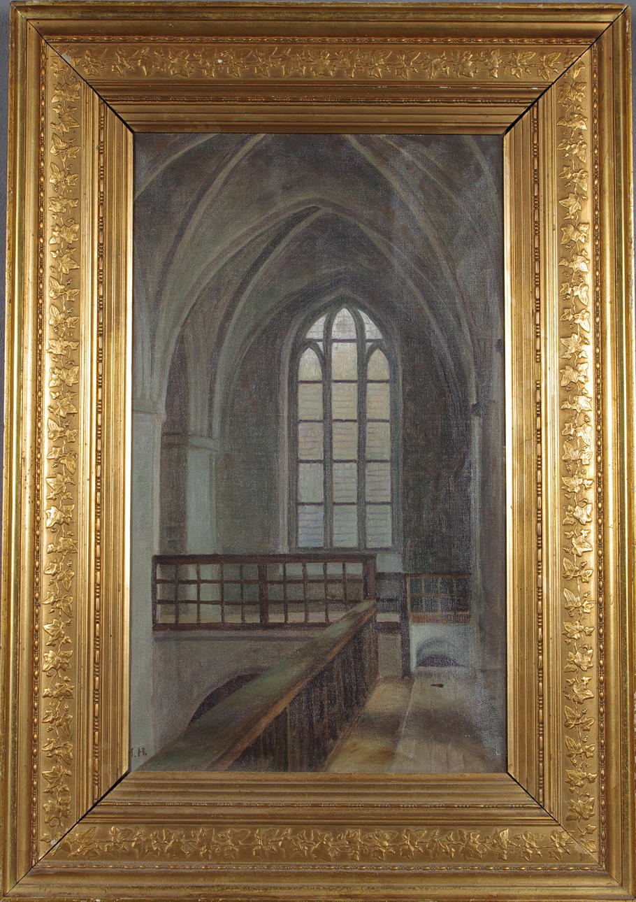 OKÄND KONSTNÄR. monogramsignerad, kyrkointeriör, olja på duk uppklistrad på pannå.