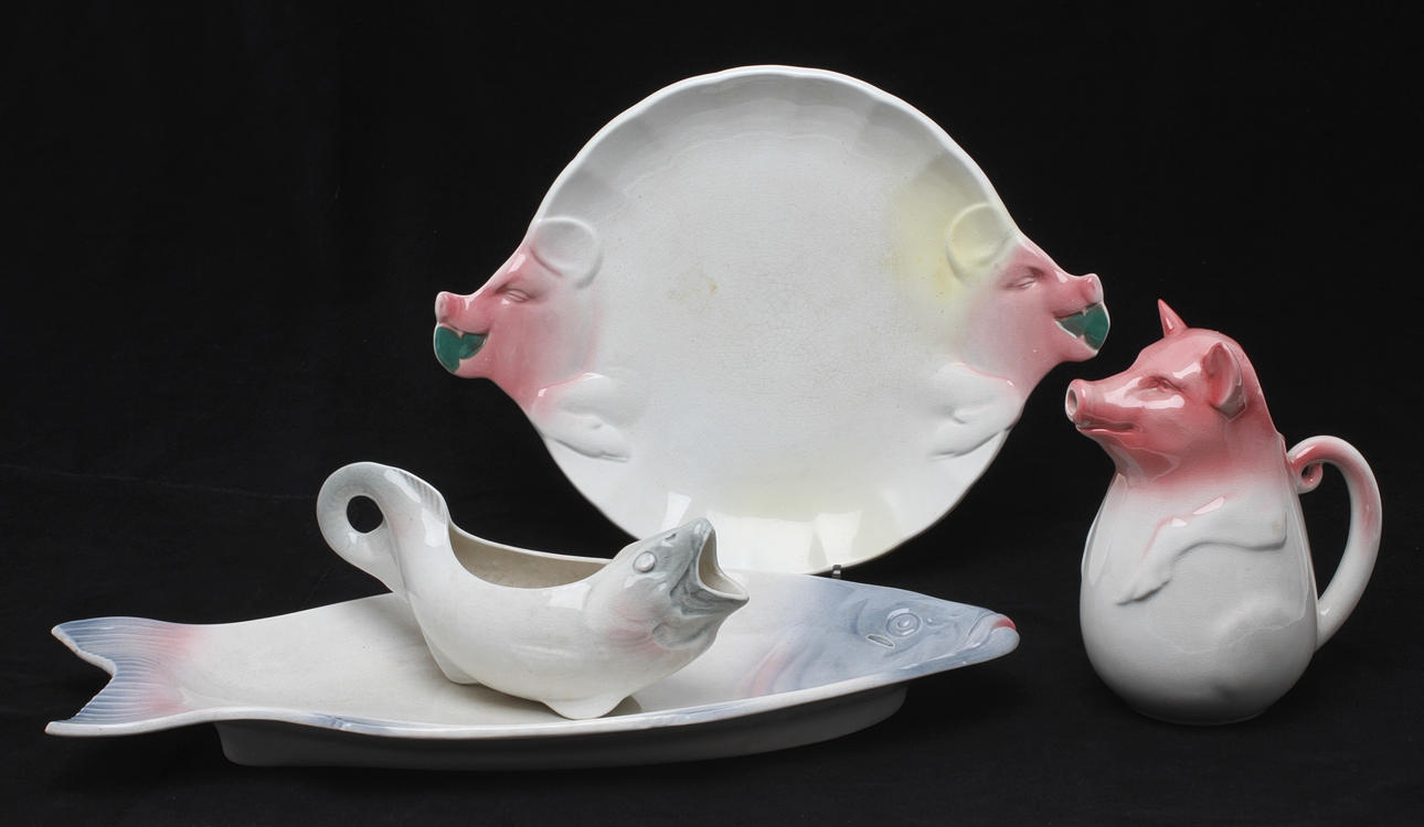 FAT 2 st samt KANNOR 2 st, med fisk- och grismotiv, Gustavsberg och Rörstrand.