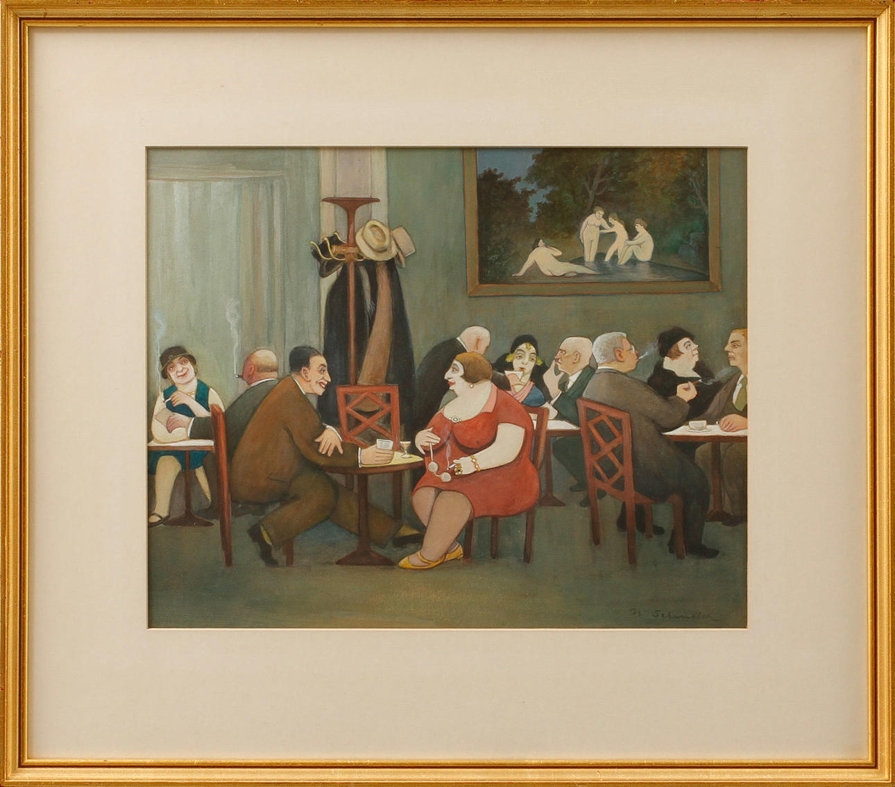 NILS SELANDER. Figurscen, gouache, signerad.