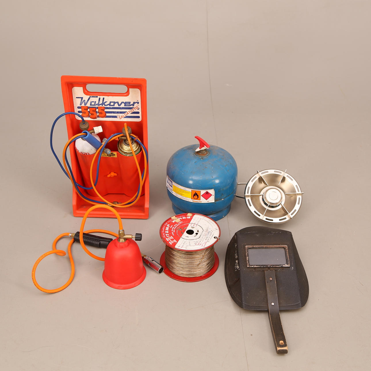 GASVÆRKTØJ, 4 stk + TRÅDRULLE + SVEJSESKÆRM.