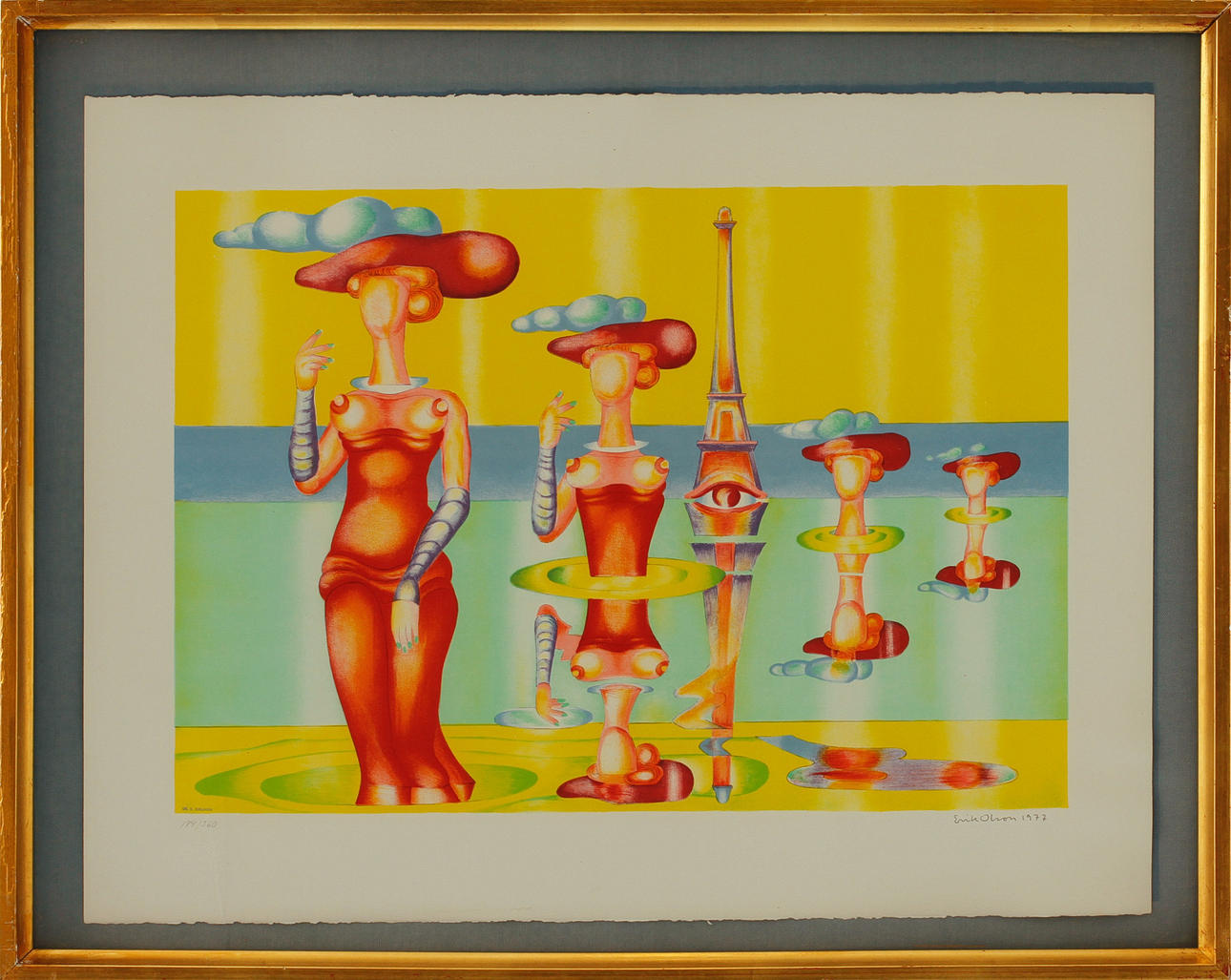 ERIK OLSON. Surrealist figure composition, lithograph, signed and numbered 184/360.