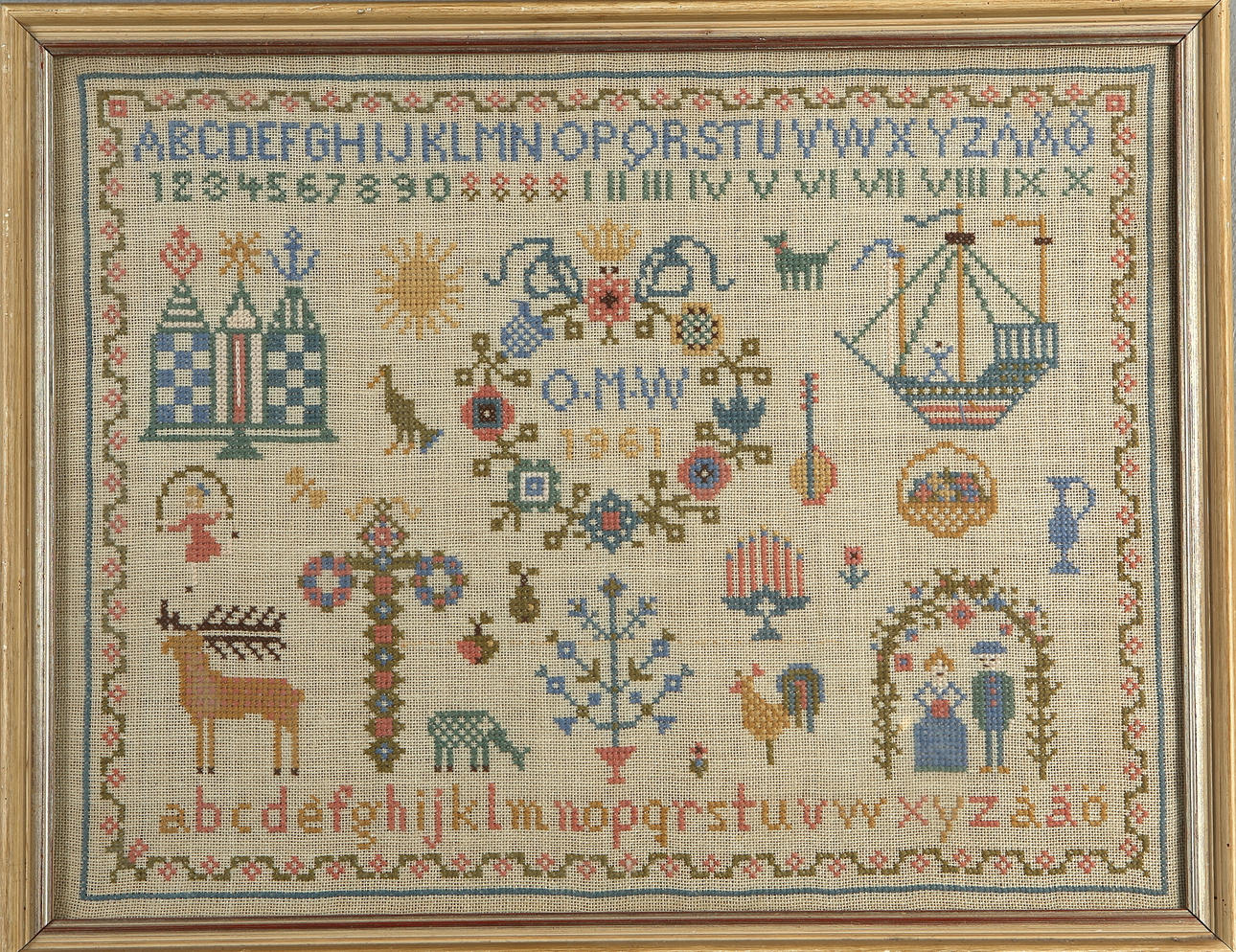 MARKERS, 2 pieces. cross stitch, dated 1915 and 1961.