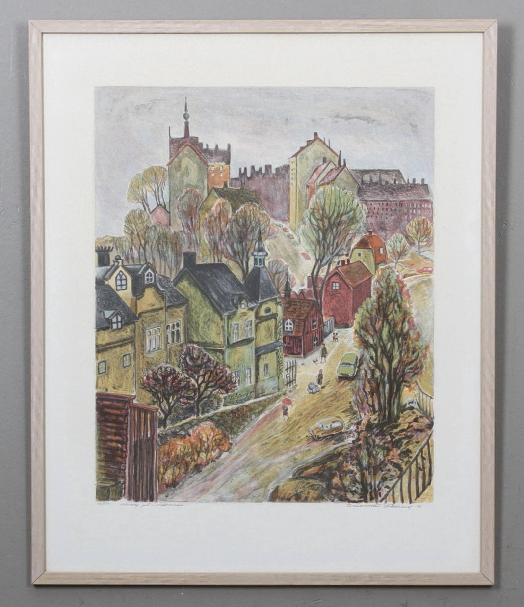 MARGARETA EMILSDOTTER-STÅLBRAND. "Höstdag på Södermalm". Färglitografi. Signerad och daterad -80.