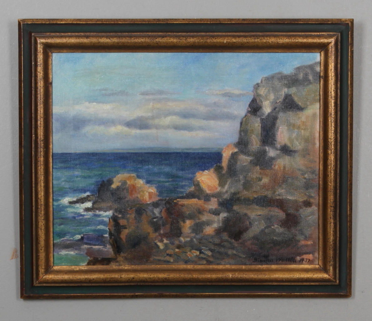 BIANCA WALLIN-TOLNAI. "Klippor, Mölle". Olja på duk. Signerad och daterad 1937.