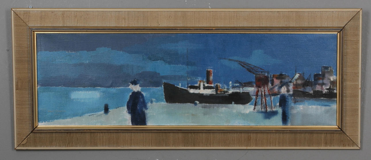 AXEL ERIKSSON. Hamnmotiv. Olja på duk. Signerad.