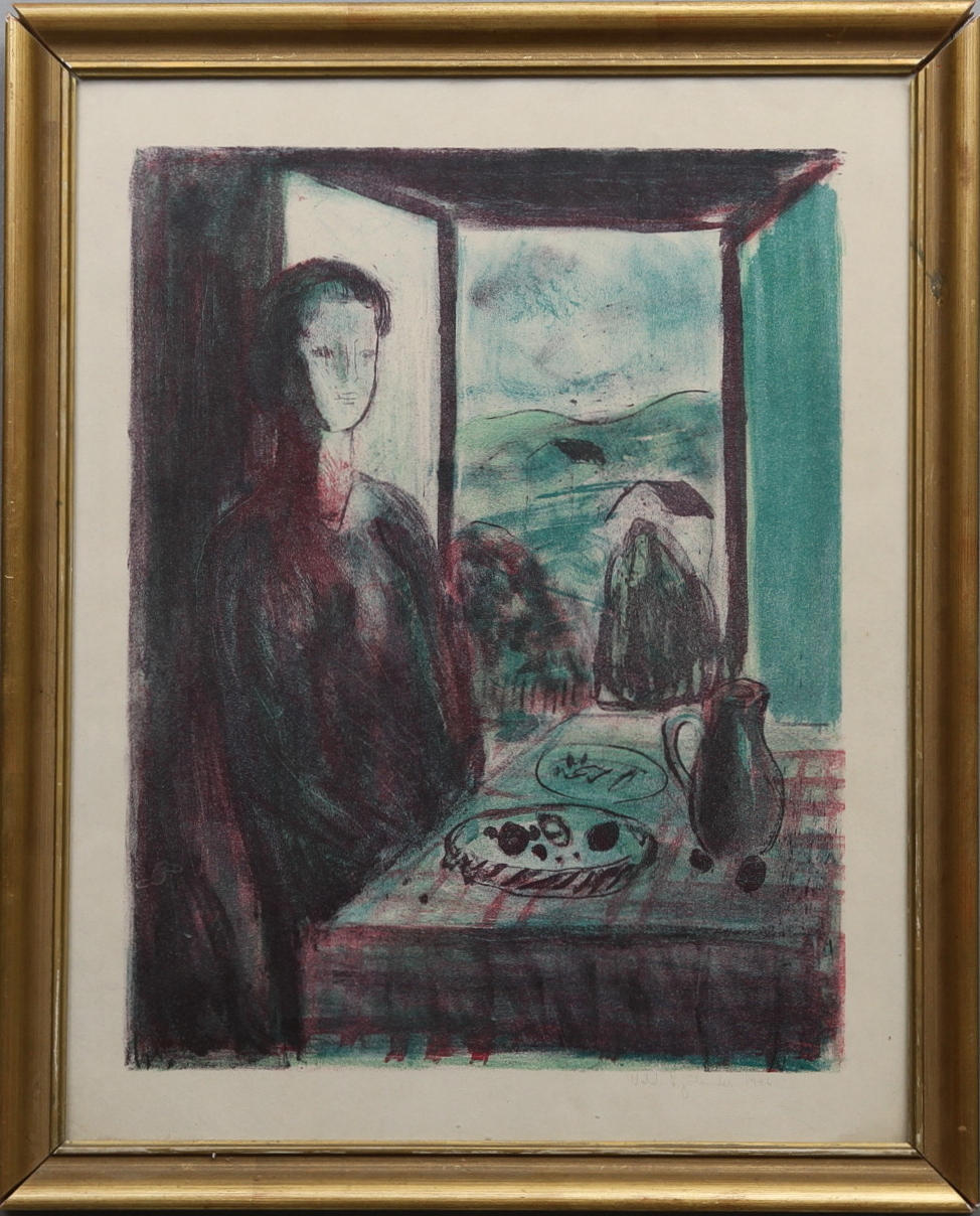 WALDEMAR SJÖLANDER. Kvinna vid bord. Färglitografi. Signerad och daterad 1946.