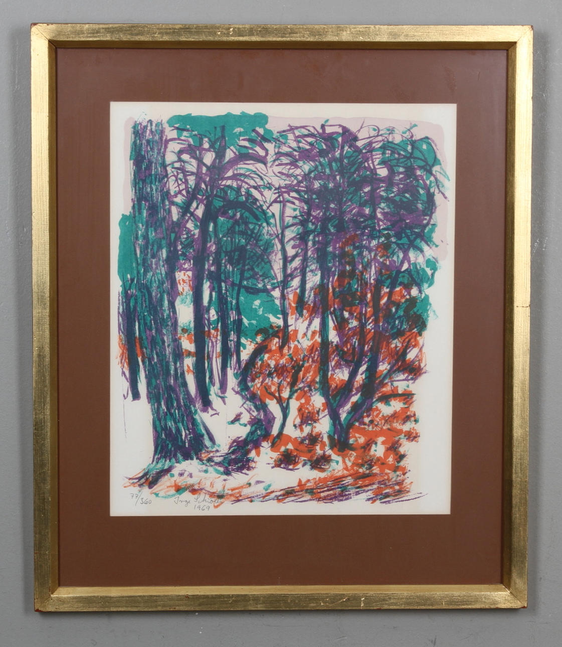 INGE SHIÖLER. Landskap med träd. Färglitografi. Signerad och daterad 1969.