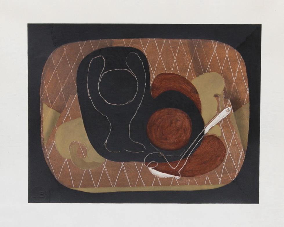 GEORGES BRAQUE. EFTER. Komposition i svart och brunt. Grafiskt blad. Osignerad. JB präglat i motivet samt vattenstämpel i blad.
