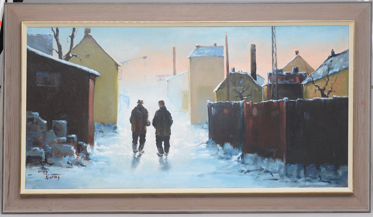 ALLAN KARMS. Winterliches Straßenmotiv mit Figuren.