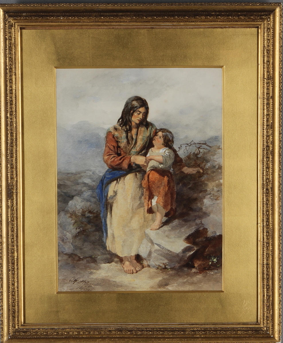 OKÄND KONSTNÄR. Landskap med kvinna och barn, blandteknik på papper, signerad, sekelskiftet 1800/1900.