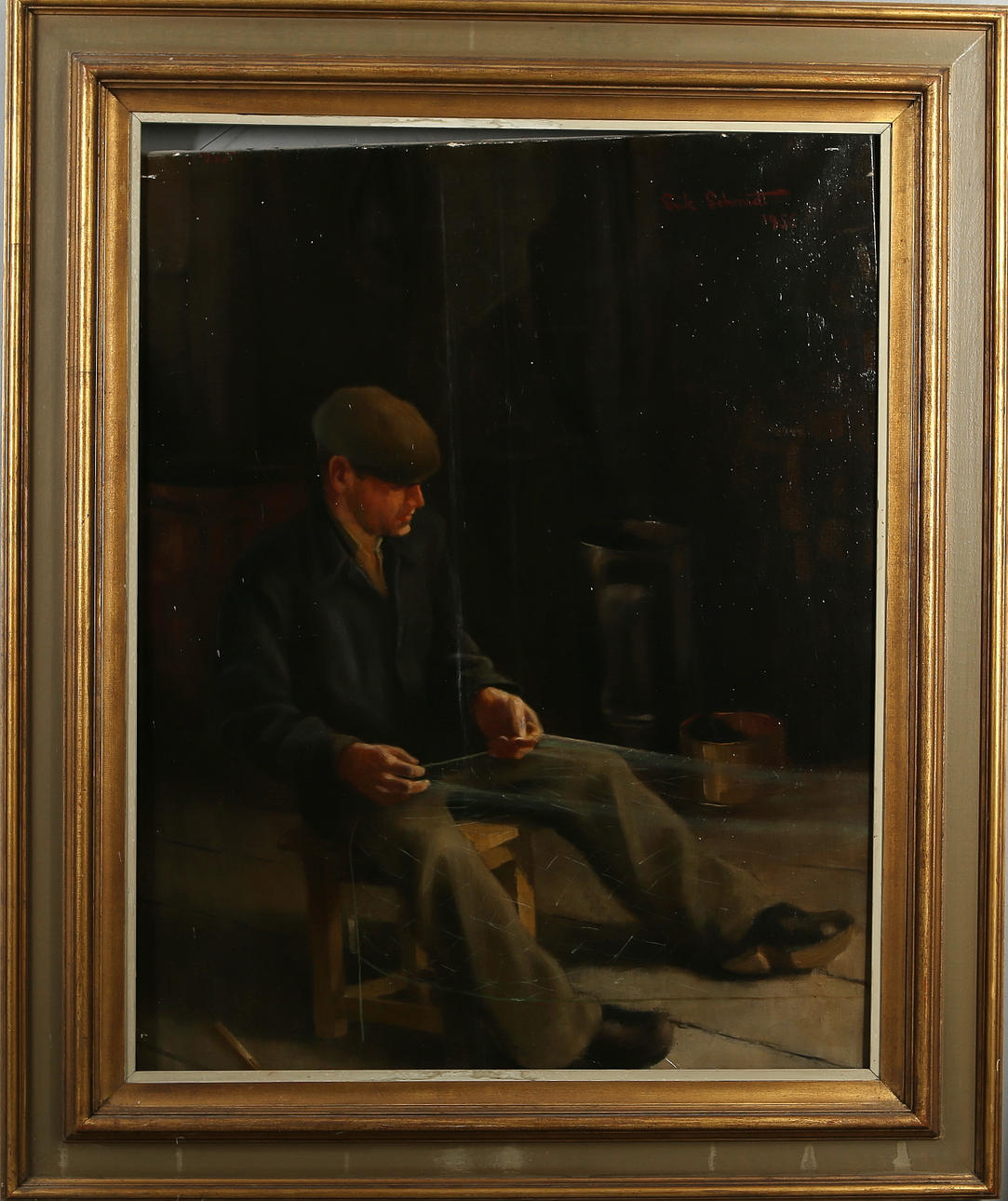 ERIK SCHMIDT. Oil on canvas, "My fishing buddy", signed and dated 1955.