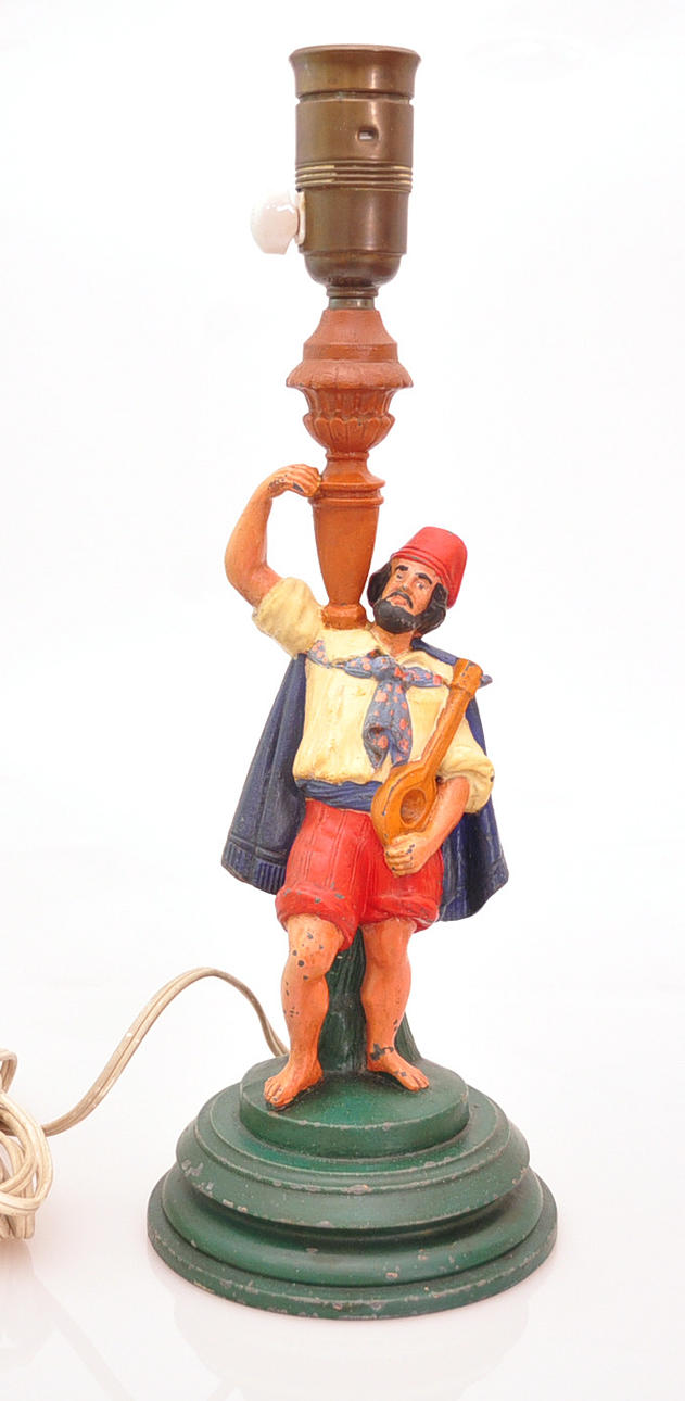 LAMPFOT, bemålad metall, mansfigur, 1900-tal.