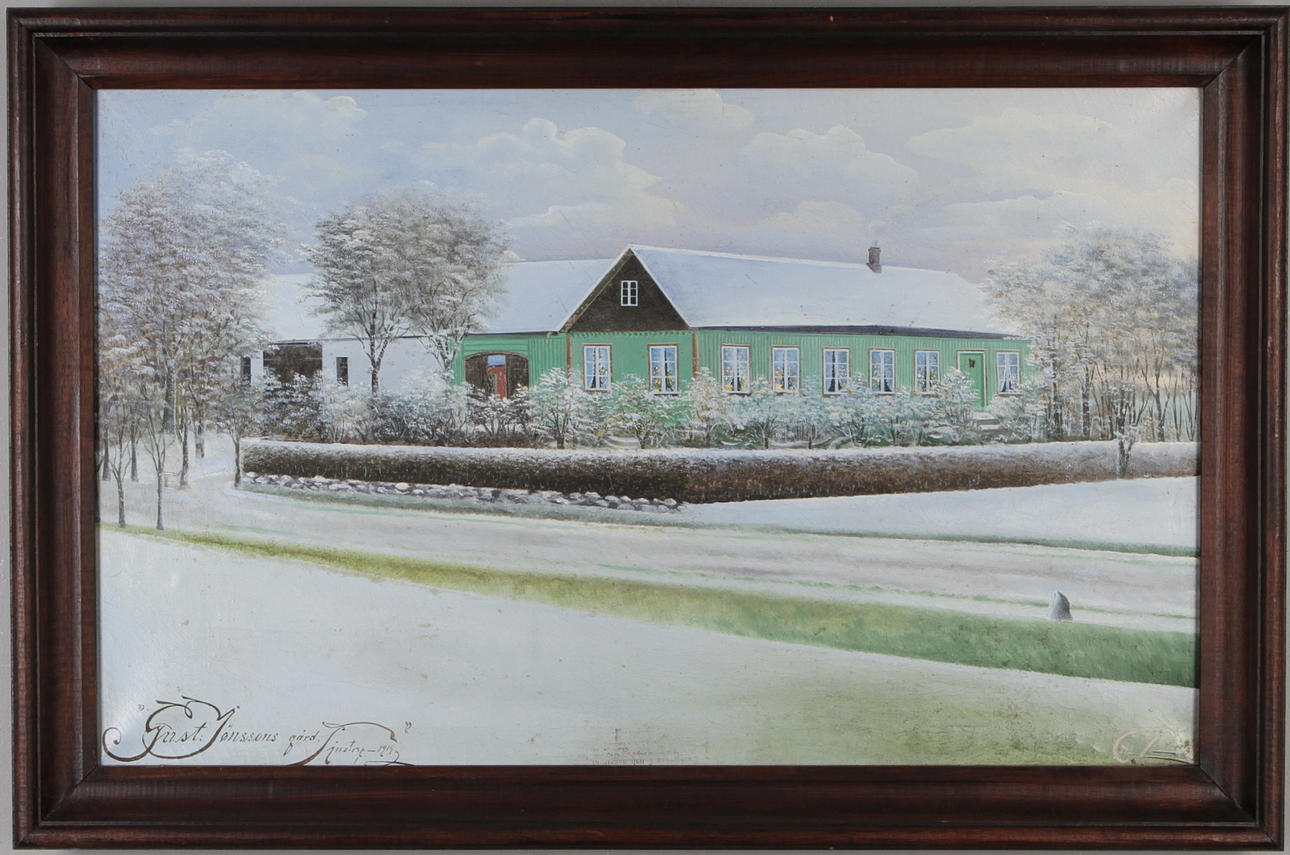 CARL LJUNGBERG. Gåramålning, "Gust. Jönssons gård. Tjustorp - 1914", olja på duk, signerad Carl L samt daterad 1914.