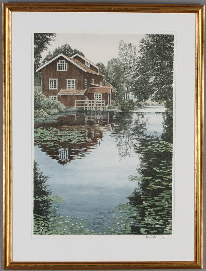 REINHOLD LJUNGGREN. Hus vid vatten, fäglitografi, signerad och numrerad 119/310.