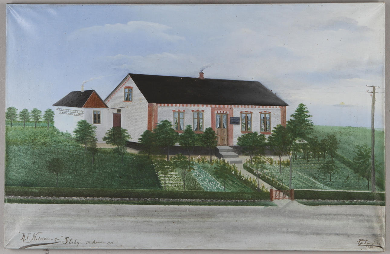 CARL LJUNGBERG. Gåramålning, "A.E.Nilssons - Hus Stiby - m:Anno 1918", olja på duk, signerad Carl Ljungberg samt daterad 1918.