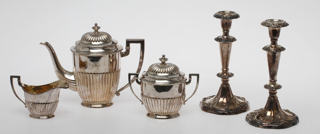 KAFFESERVIS, 3 delar, nysilver, AG Dufva, LJUSSTAKAR, ett par, nysilver.