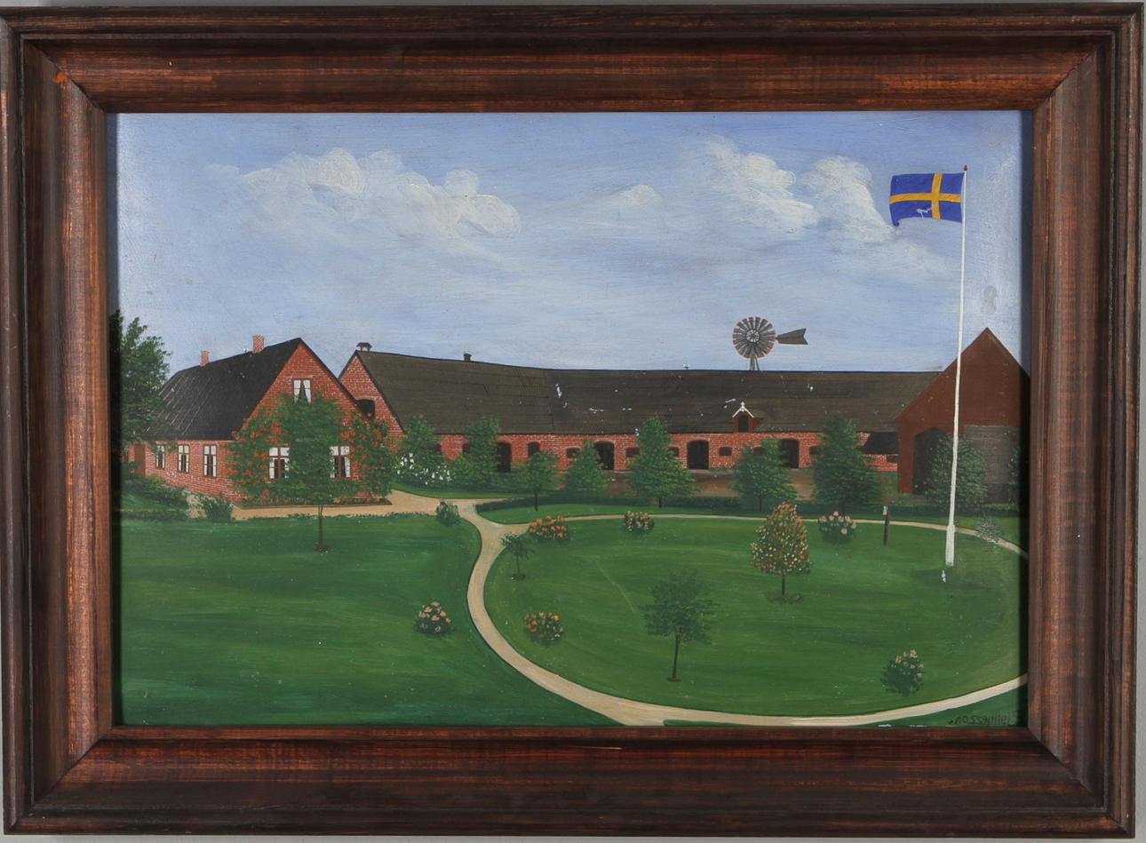 CARL SJUNNESSON. Gåramålning, gård, olja på pannå, signerad ,nossennujS.