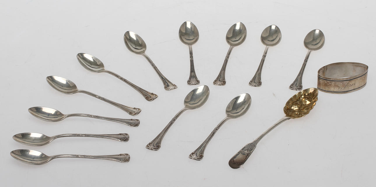 PARTI SILVER, 14 delar, mestadels kaffeskedar, 1900-tal.