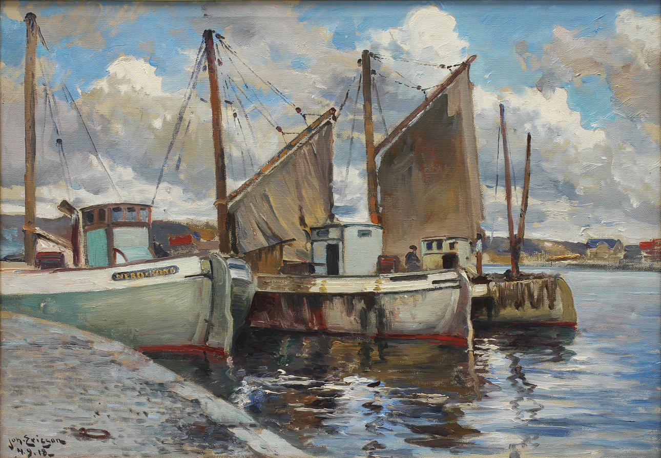 JOHAN ERICSON (1849-1925). Kustmotiv med fiskebåtar. Olja på duk.