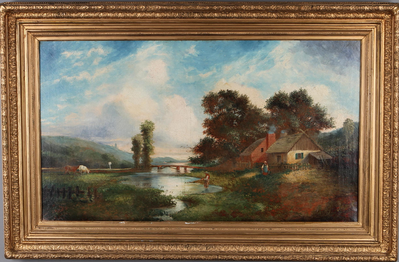 OKÄND KONSTNÄR. trol. england, Gårdsmotiv, olja på duk, otydligt signerad och daterad -78.