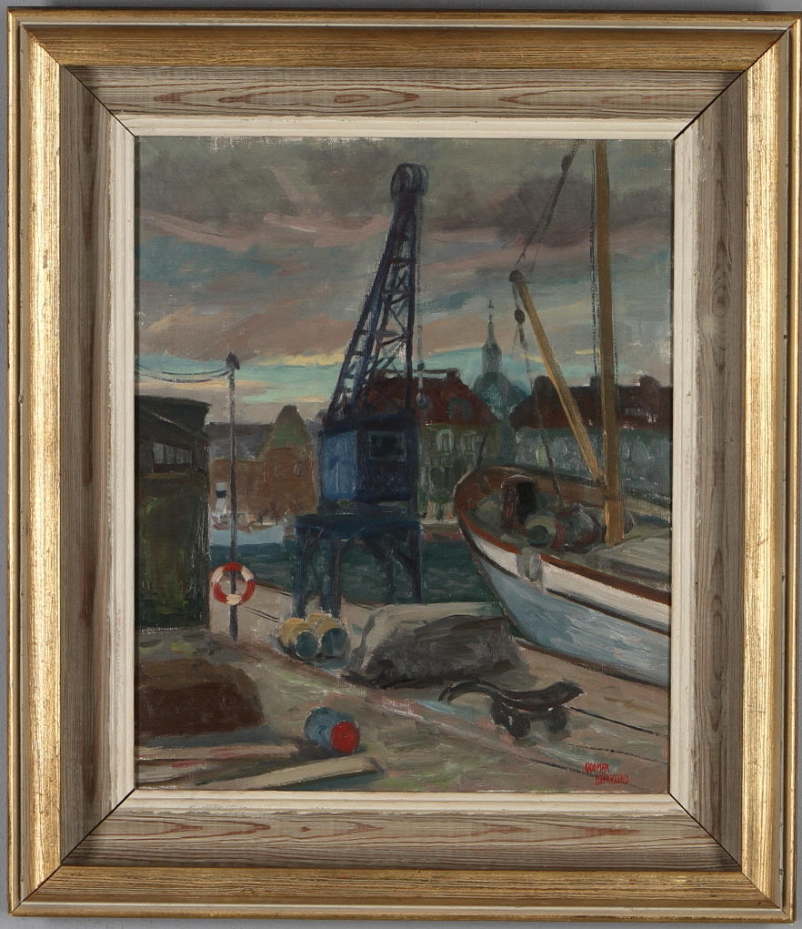 ODDMAR BJÖRKLUND. Hamnmotiv, olja på duk, signerad och daterad.