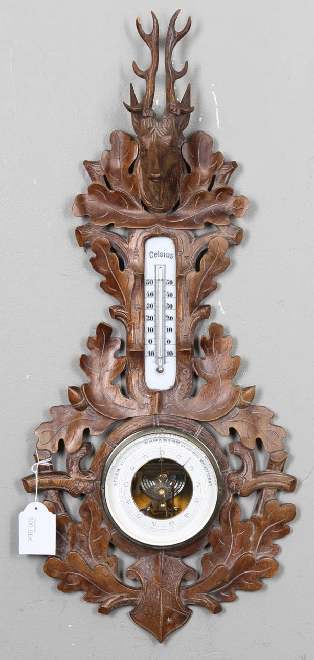 BAROMETER, skuret trä, sekelskiftet 1900.