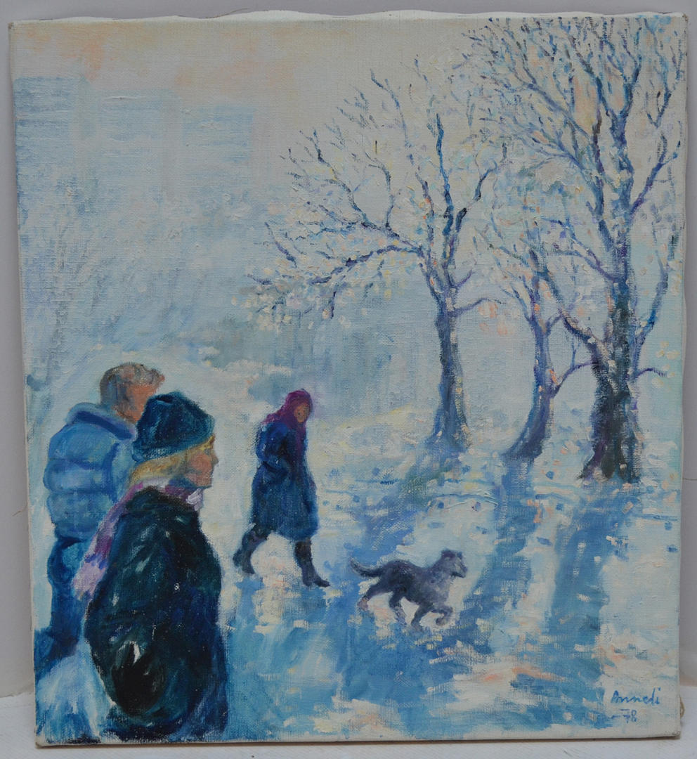 ANNELI BERG. Hundpromenad i vinterväder.