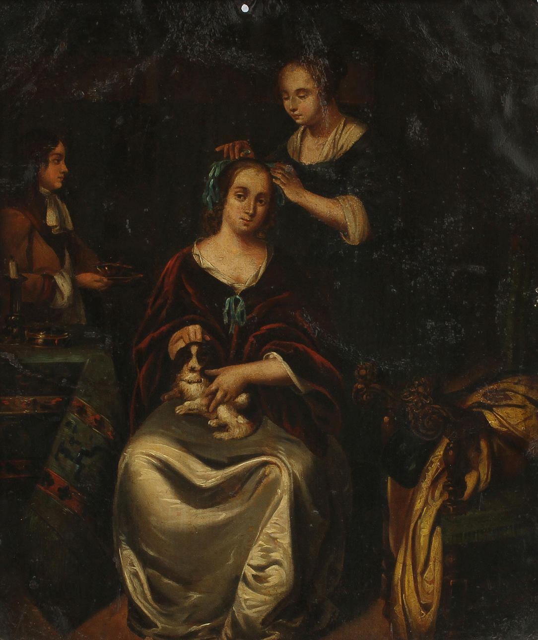 OKÄND KONSTNÄR. Sydeuropa 1700-tal. Kvällstoilette. Olja på kopparplåt.