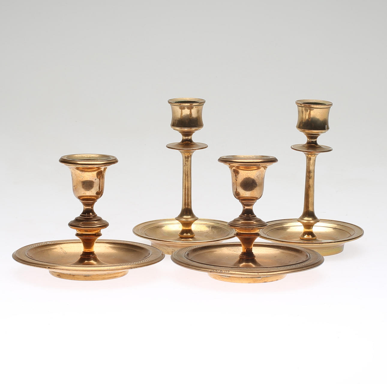 CANDLESTICKS, 2 pairs, brass, marked, WMF, 19th century.