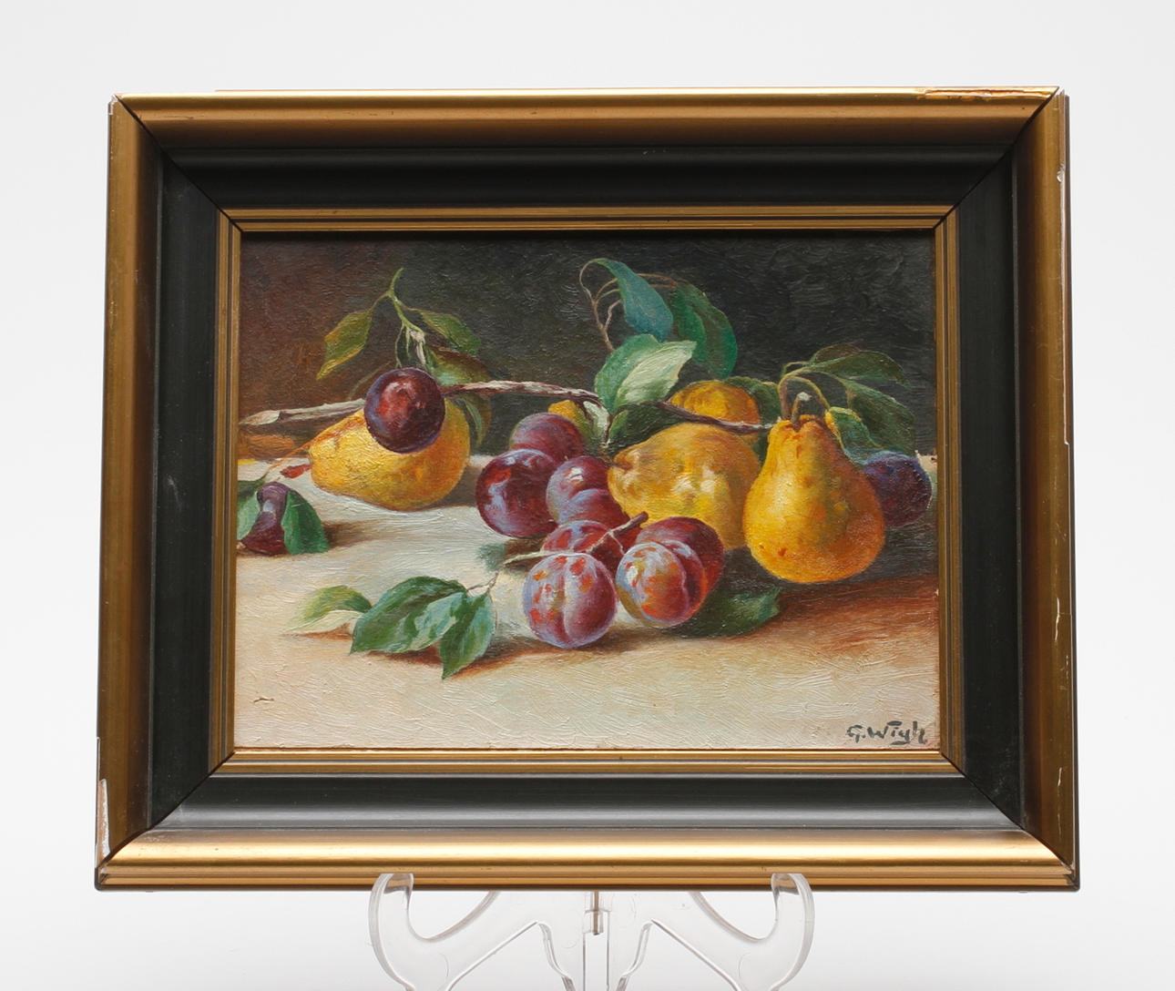 GUNNAR WIGH. Stilleben med päron och plommon. Olja på pannå. Signerad.