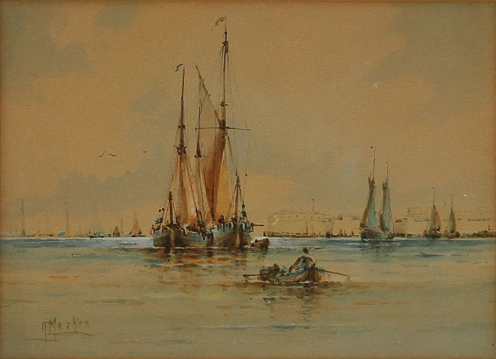 RICHMOND MARKES. Harbor view with ship, watercolour, signed.