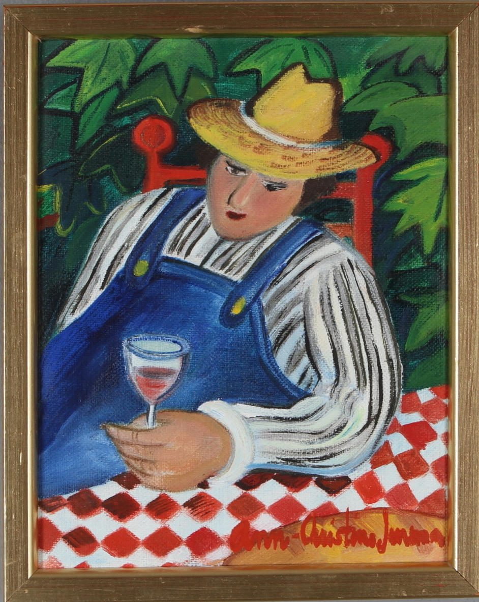 ANN-CHRISTINE JENSMAR. "Vinprovaren", olja på duk, signerad.