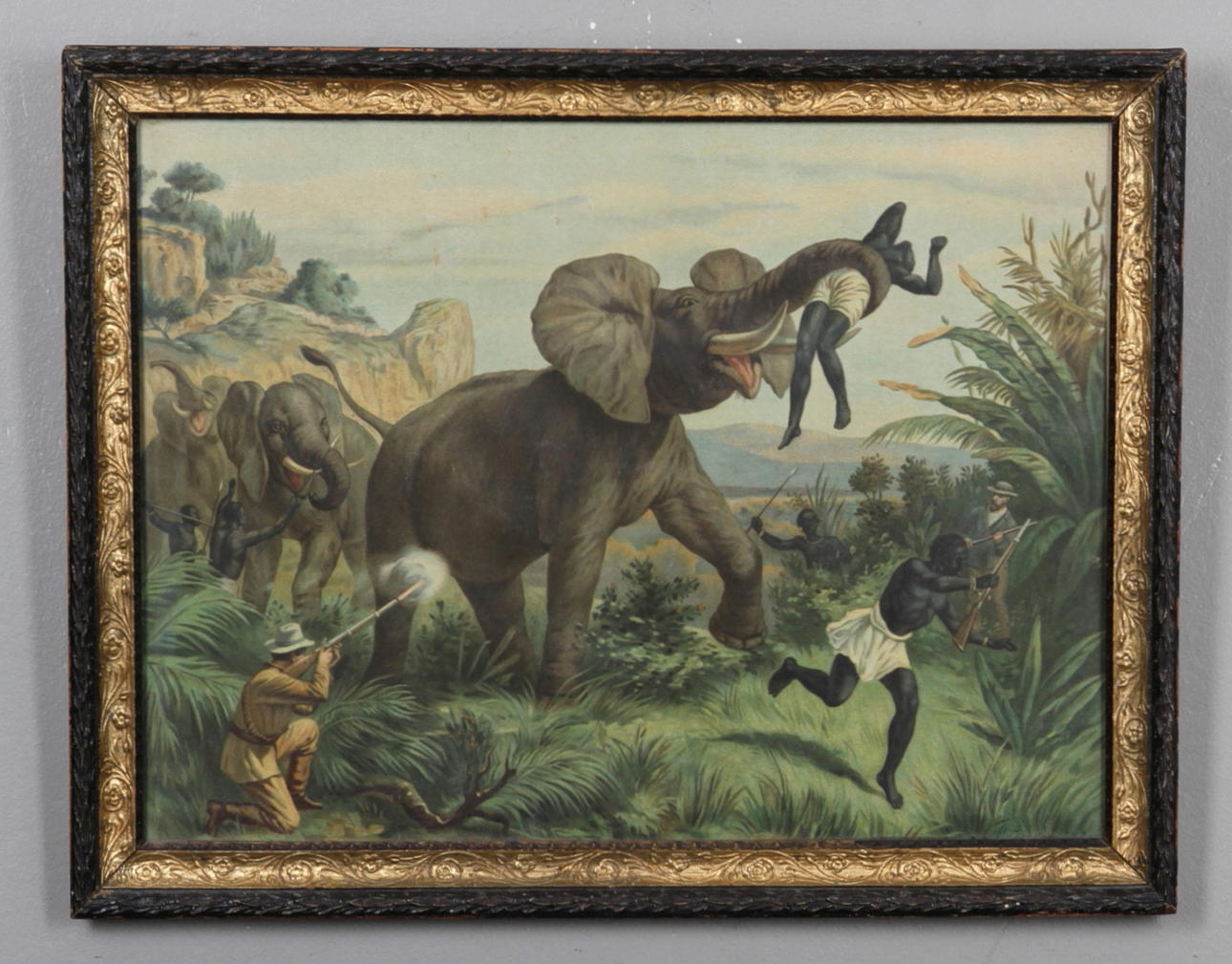 OLJETRYCK. Motiv med dramatisk elefantjakt i Afrika. Ca 1900.