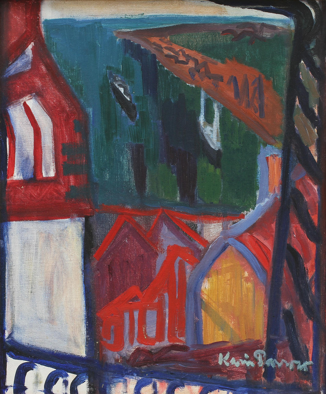 KARIN PARROW (1900-1984). Vy mot Göteborgs hamn, 1940-50-tal. Olja på duk.