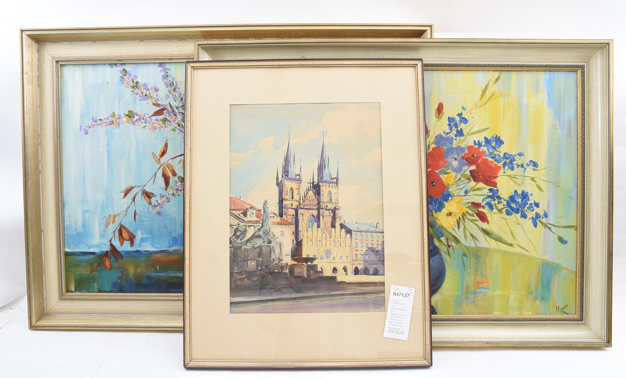 KARL RUPPRECHT. Two floral still lifes and a cityscape, oil on canvas ...