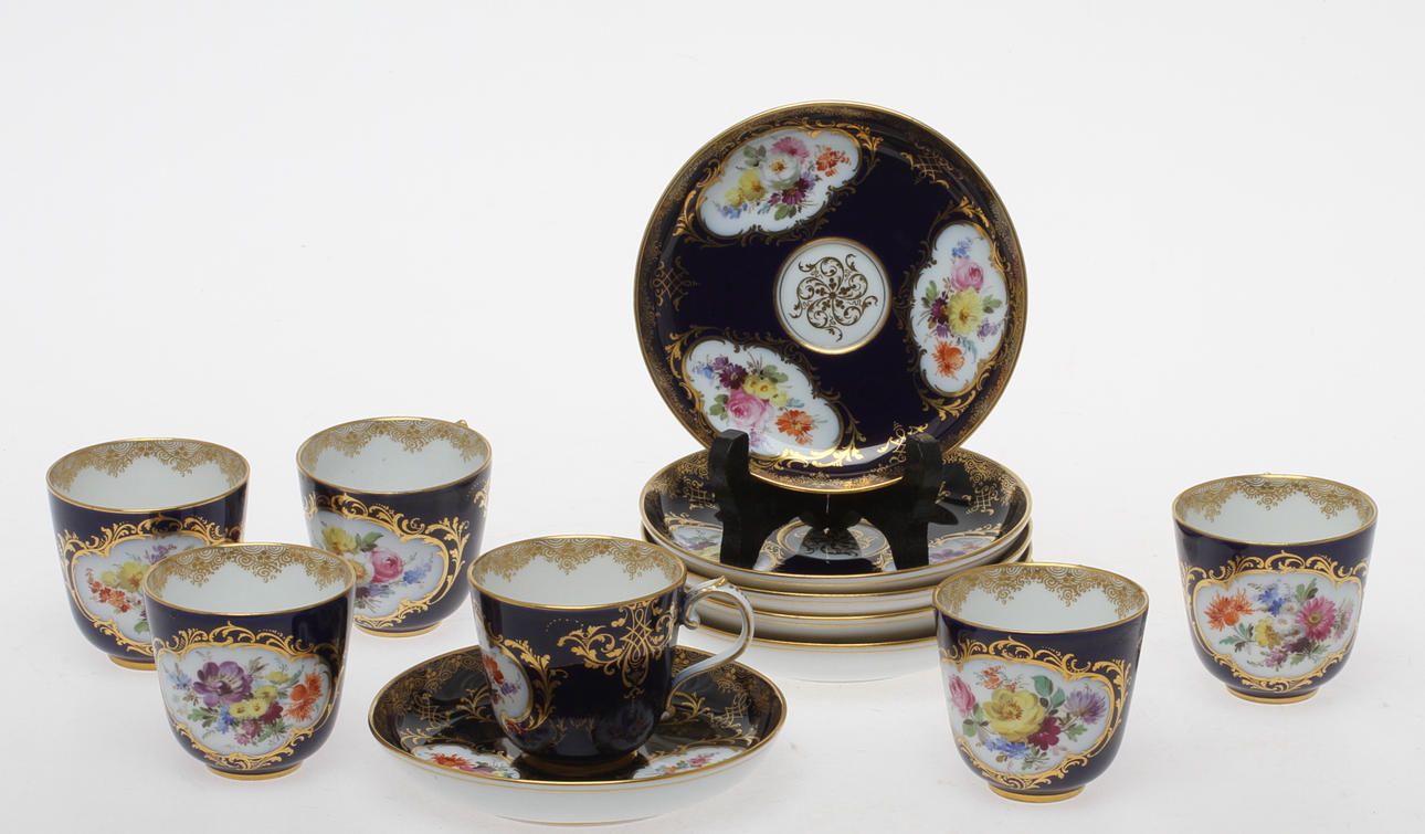 KAFFEKOPPAR, med fat, 6 st, Meissen, 1900-tal.