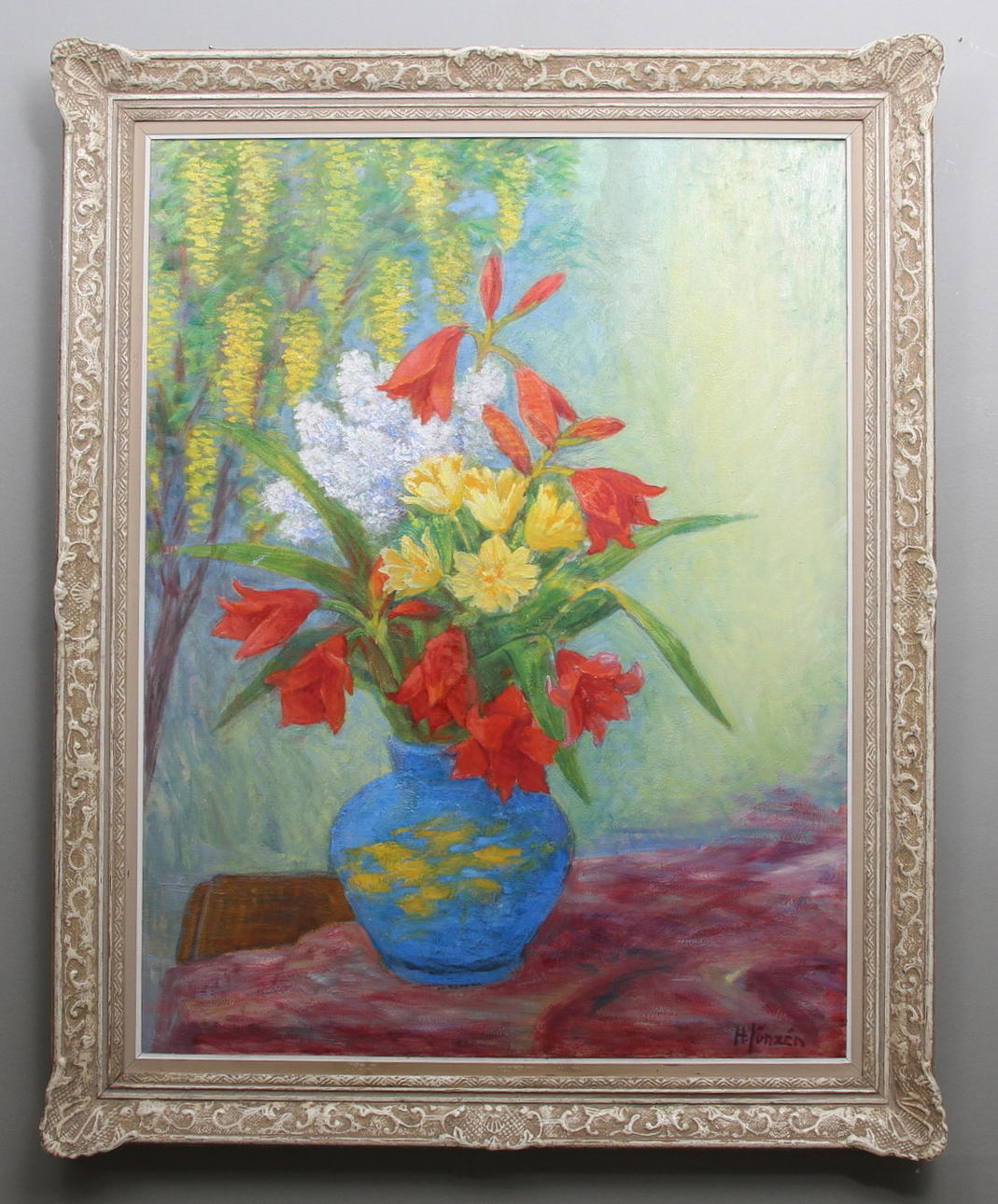 HADAR JÖNZÉN. Stilleben med blommor i blå vas. Olja på duk. Signerad H.Jönzén.