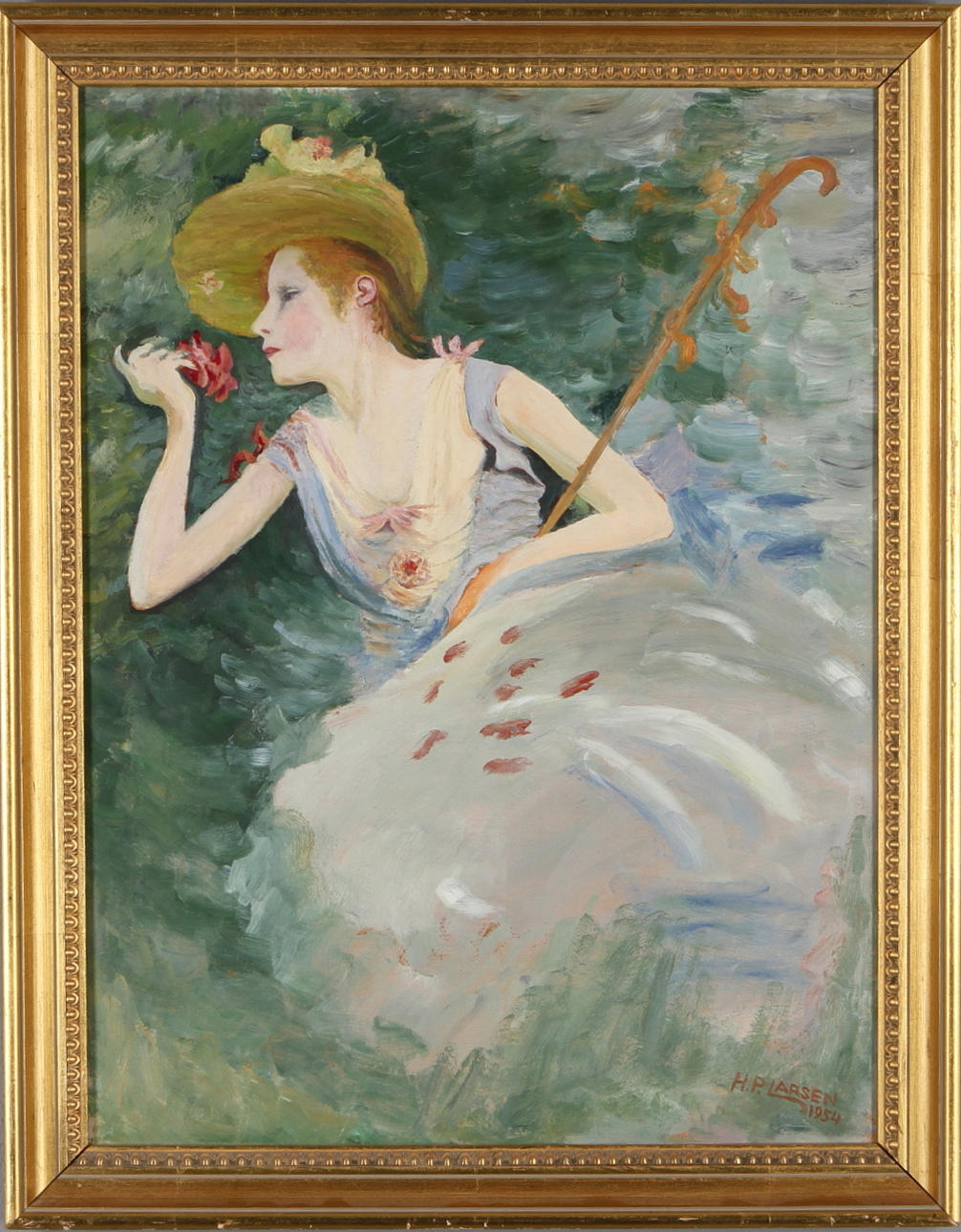 OKÄND KONSTNÄR. Kvinna med hatt, olja på pånnå, signerad H.P.Larsen samt daterad 1954.